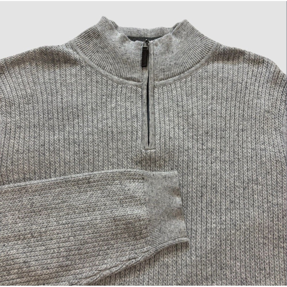 Tasso Elba Men's Large 1/4 Zip Gray Mock Neck Rib Knit Sweater 100% Cotton